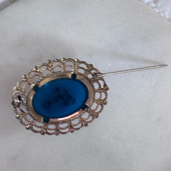 Vintage Blue Brooch with Gold Floral Design - Picture 2 of 2